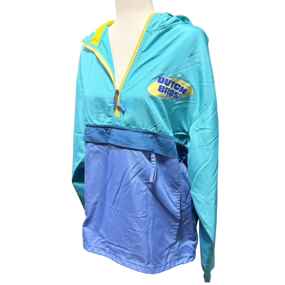 Dutch Bros Half Zip Windbreaker Jacket Size S Colorblock Hooded Retro Blue Teal